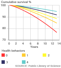 Cumulative survival rates over 14 years for scores 0-4